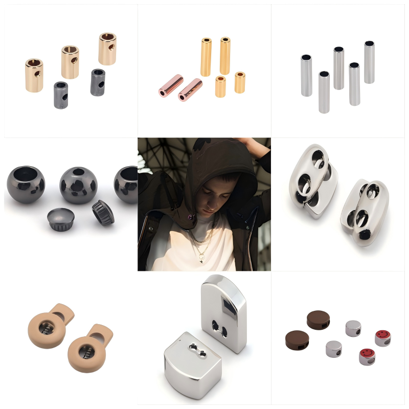 Performance hoodie hardware featuring cord stopper innovation