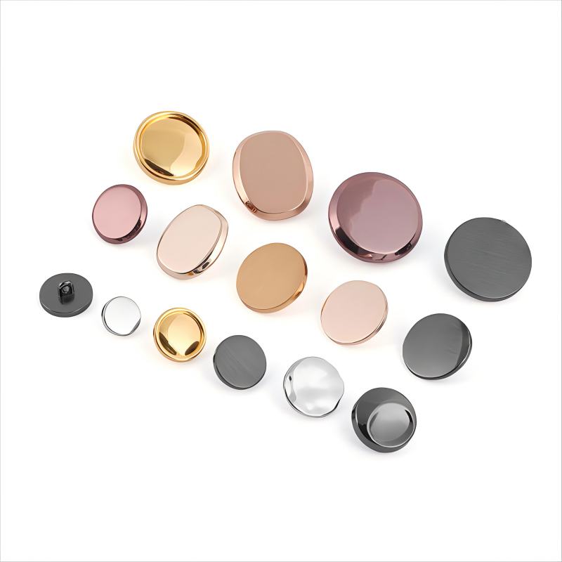 Premium metal shank buttons with antique brass, matte black, and polished nickel finishes, arranged by size from 7mm to 12mm