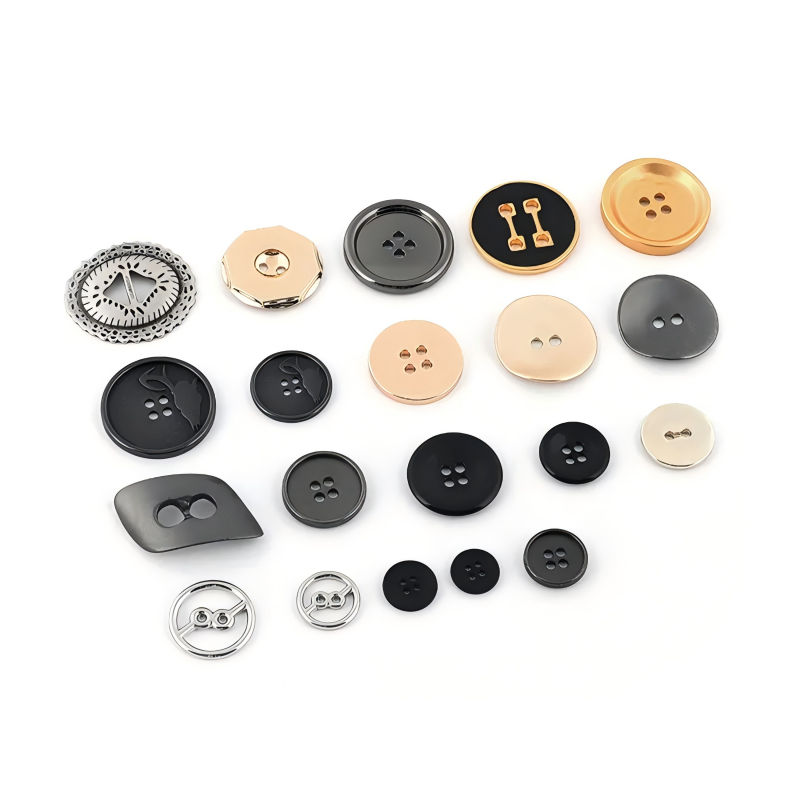 Detailed shot of 9mm and 10mm alloy shank buttons attached to a leather handbag flap, showcasing design and durability