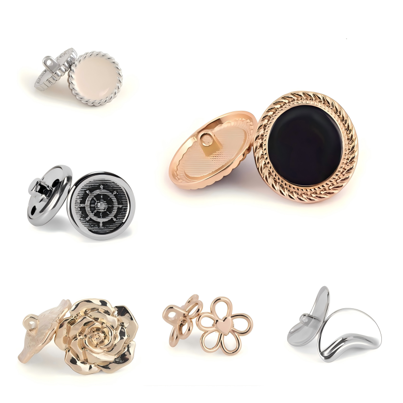 Assorted zinc alloy shank buttons used for coats, bags, and fashion accessories, shown in a product specification grid