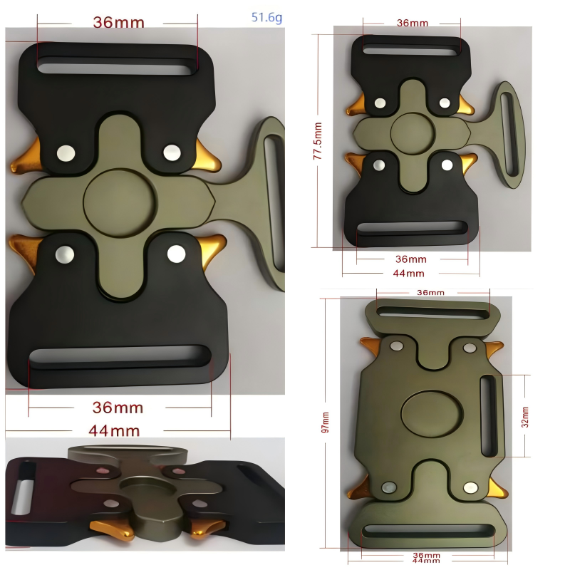 Close-up view of a rust-proof aluminum buckle mounted on a premium leather belt, showcasing corrosion-resistant strength and refined aesthetics