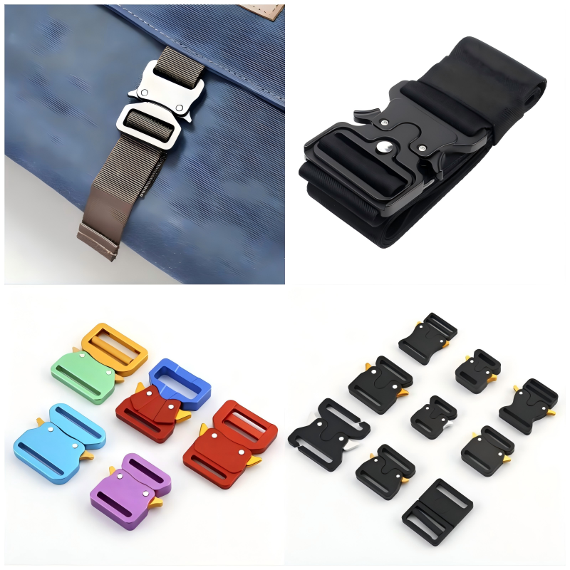 Lightweight aluminum buckle with a brushed finish attached to a luxury leather handbag, designed for long-lasting durability without compromising style