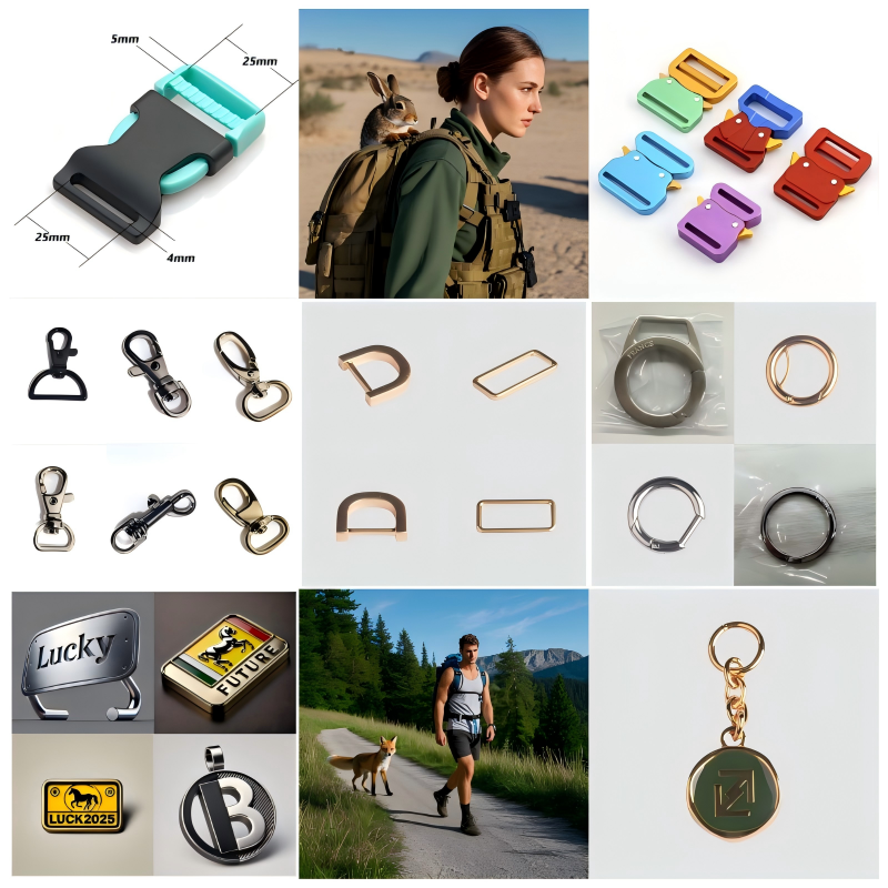 Collection of rust-proof aluminum buckles in various finishes and shapes, ideal for belts, wallets, and leather accessories