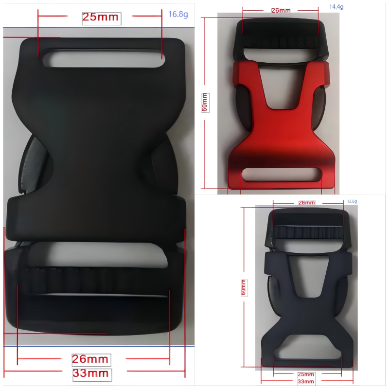 A close‑up of a sleek, matte‑black ultra‑light aluminum buckle securing a 25 mm hiking backpack strap, highlighting its precision‑machined contours and lightweight design