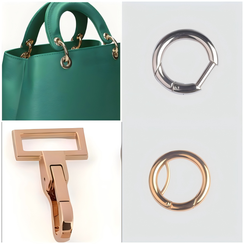 Close-up of a durable metal dog hook attached to a luxury leather handbag