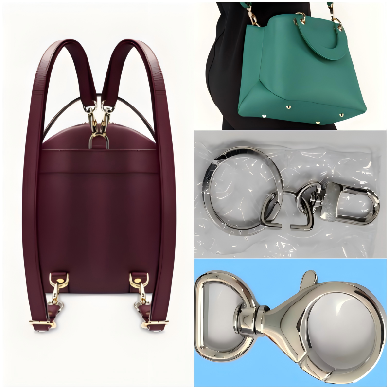 High-strength swivel dog hook used in designer tote bag construction