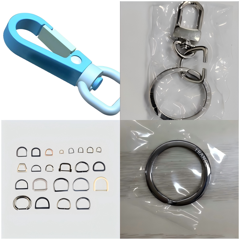 Detail view of a polished dog hook fastener on a stylish travel bag