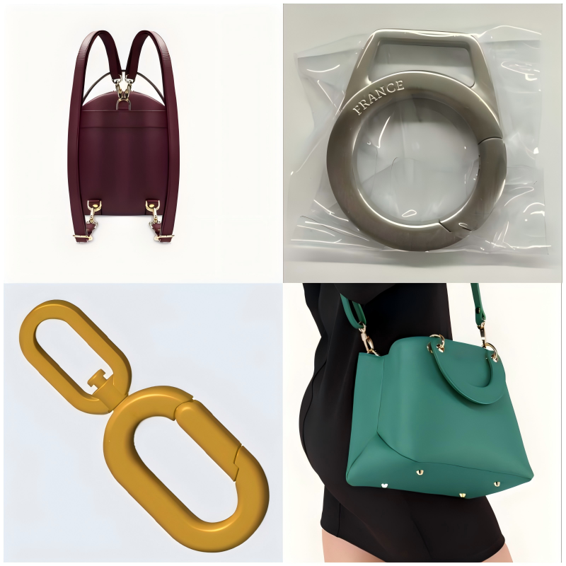 A minimalist aluminum alloy dog hook with a matte finish securing a tan leather suitcase handle, emphasizing precision engineering