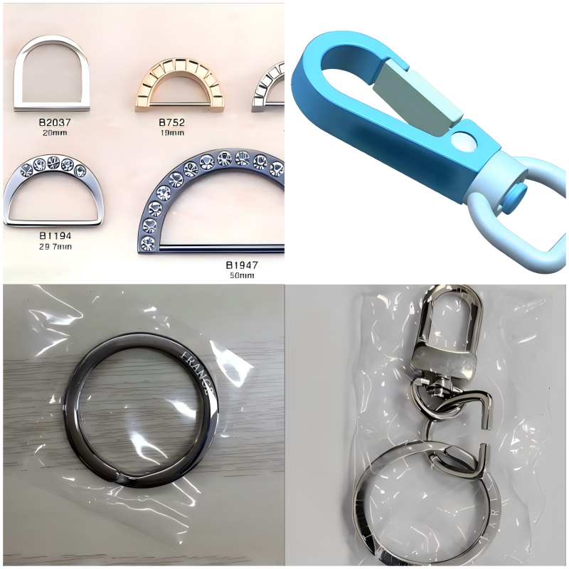 A high‑strength dog hook in brushed metal attached to grey backpack webbing, showcasing streamlined form and secure fastening
