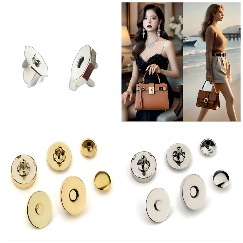 10/12/14mm corrosion-resistant magnetic snap fasteners for leather handbags, luggage, and apparel with 50k+ cycle rating.